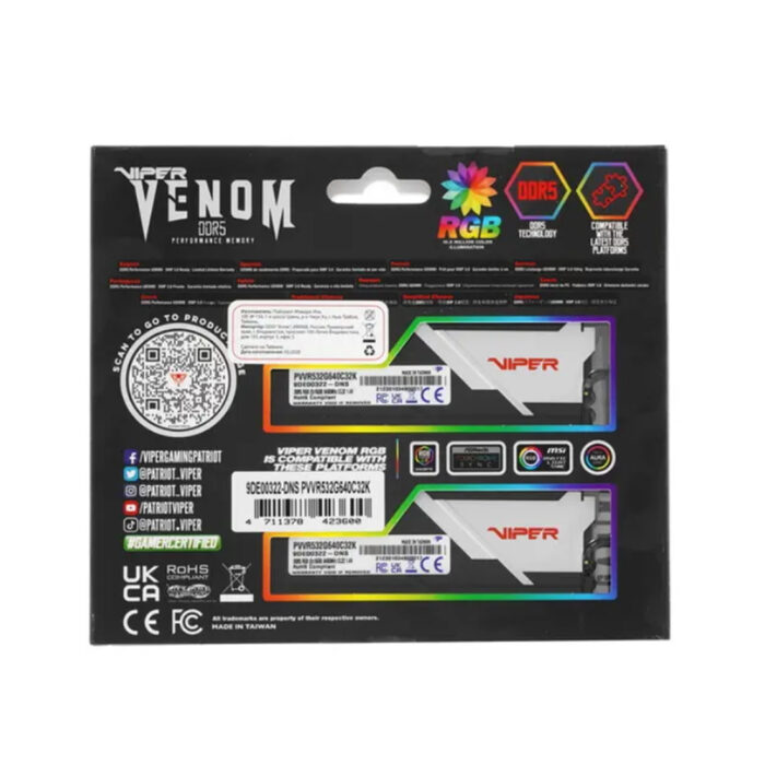 Комплект модулей памяти Patriot VIPER VENOM RGB PVVR532G640C32K 32GB (Kit 2x16GB) — изображение 3