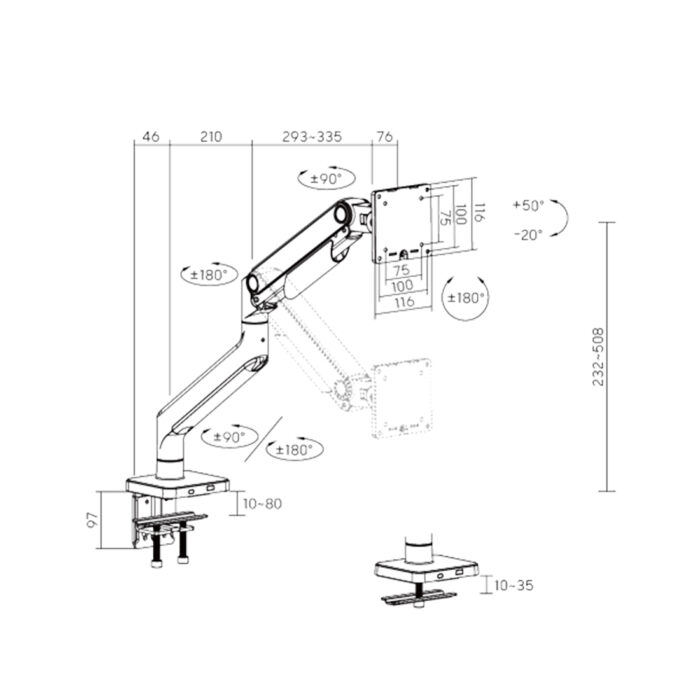 Настольный кронштейн с газлифтом Brateck LDT74-C012 для 1 монитора (17"-49") — изображение 3