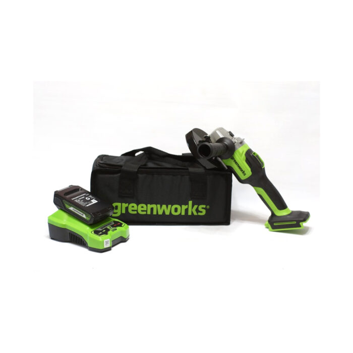Угловая шлифовальная машина аккумуляторная Greenworks GD24AG 24V бесщеточная c 1хАКБ 2 Ач и ЗУ в сум — изображение 2