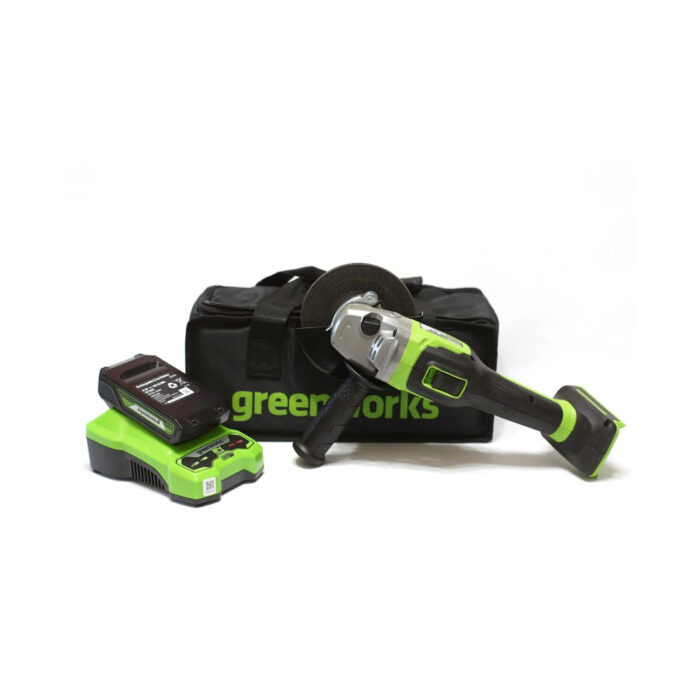 Угловая шлифовальная машина аккумуляторная Greenworks GD24AG 24V бесщеточная c 1хАКБ 2 Ач и ЗУ в сум — изображение 3